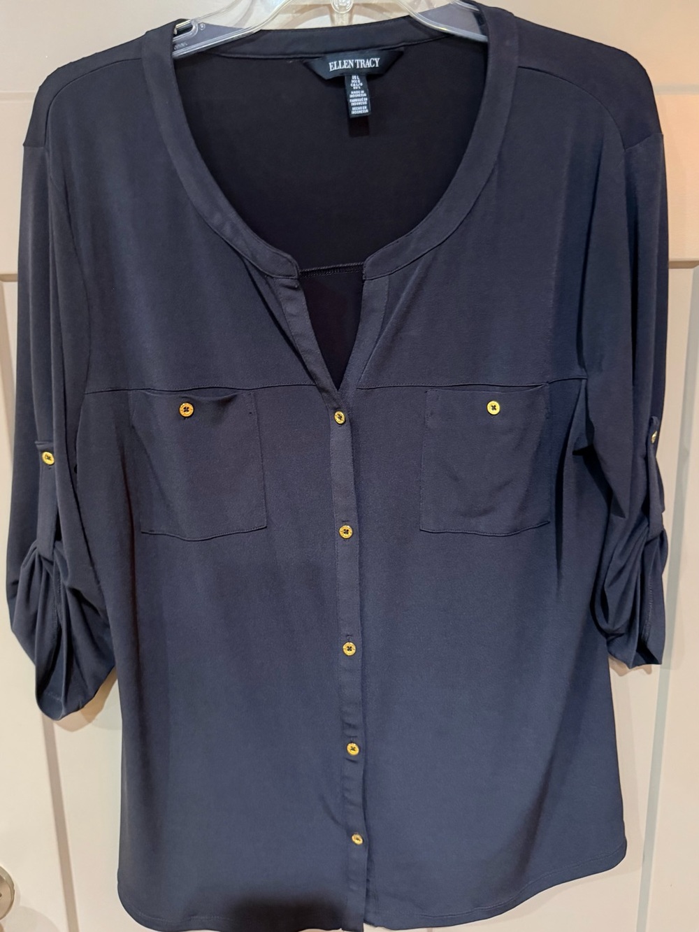 Ellen Tracy Black Button-Front Blouse with Gold Buttons